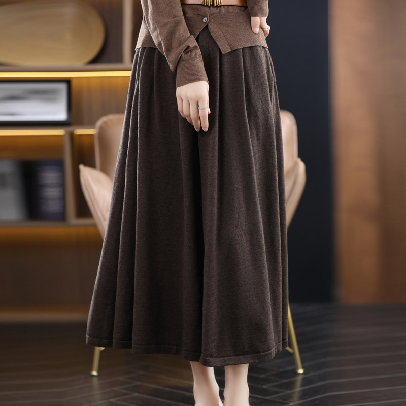 羊毛针织半身裙女秋冬新款优雅气质松紧高腰显瘦咖色中长a字伞裙,女装/女士精品,大码半身裙,淘宝优惠券,粉丝福利购,淘宝优惠卷
