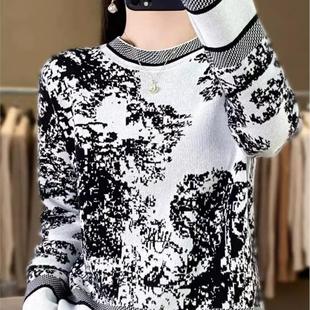 女圆领印花毛衣洋气内搭外穿线衣 针织打底衫 时尚 水墨画纯棉线长袖