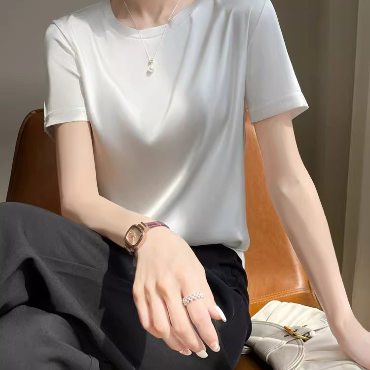 醋酸短袖T恤2025年圆领简约半袖白色桑蚕丝真丝缎面春季外穿上衣