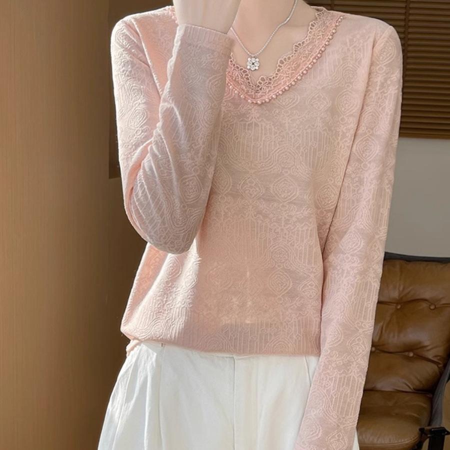 V领超细精纺羊毛衫上衣女蕾丝花