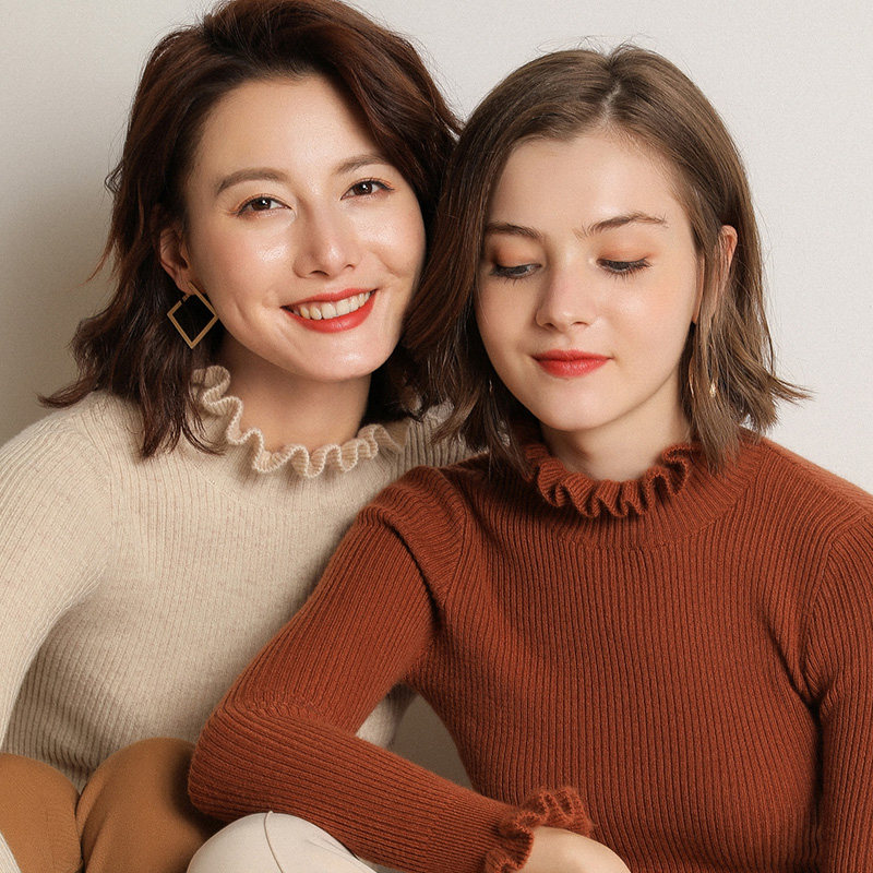 秋季新款毛衣女打底衫半高领羊毛衫修身显瘦木耳领抽条长袖针织衫