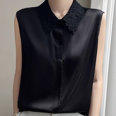 2025春夏新款真丝缎面背心女蕾丝花边POLO外翻领无袖衬衫内搭上衣