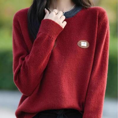 2025冬季新款羊毛衫女圆领拼色