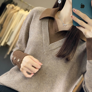 假两件羊毛衫女春季POLO领拼色洋气打底毛衣套头宽松针织羊绒衫