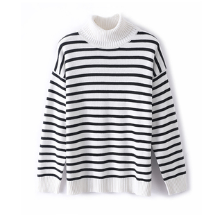 好货推荐100%全棉黑白条纹高领毛衣女2025冬季打底衫加厚宽松版