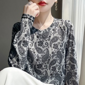 长袖 早秋新款 时尚 洋气莱塞尔天丝腰果花T恤新品 百搭休闲薄款 上衣