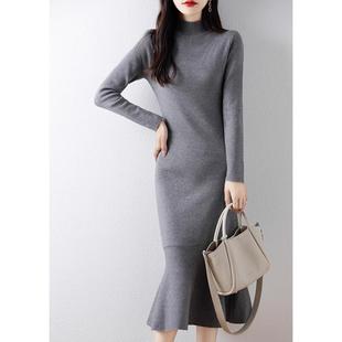 高级感鱼尾黑色长袖半高领连衣裙2025新款收腰淑女修身中长款裙子