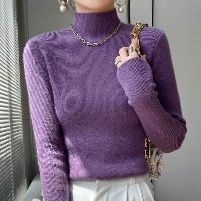 羊毛套头半高领纯色针织衫