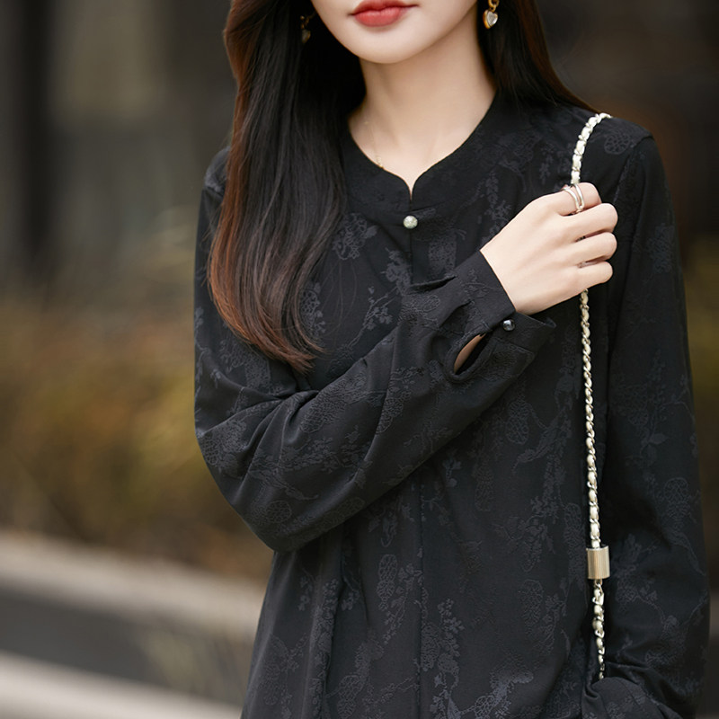 春季新中式立领提花衬衫女长袖黑色通勤气质修身打底衫仿真丝上装,女装/女士精品,真丝上装,淘宝优惠券,粉丝福利购,淘宝优惠卷