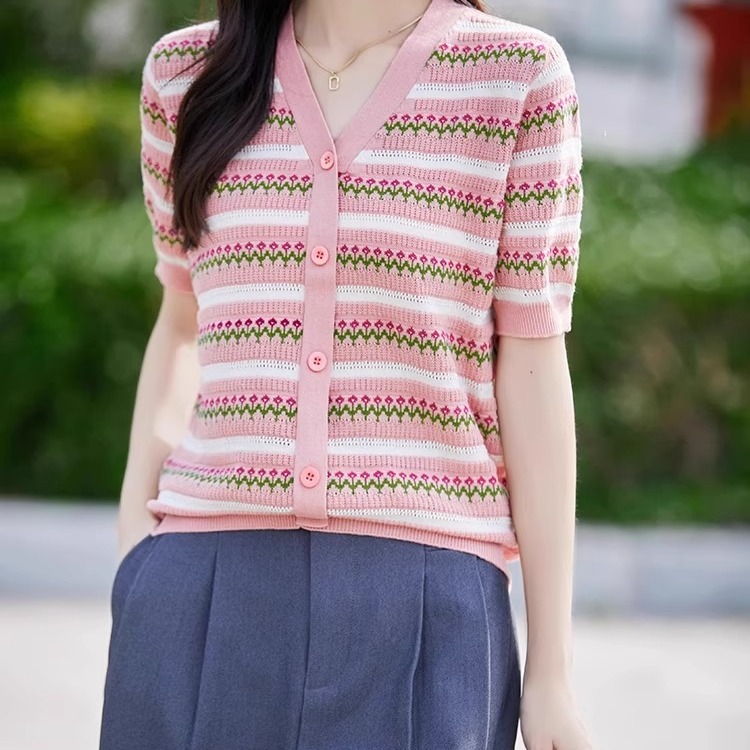 纯棉线条纹提花针织短袖开衫女T恤2025夏薄宽松舒适洋气百搭上衣