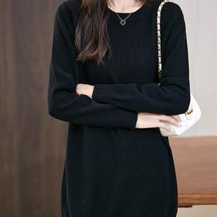 2025新款百分百纯棉线中长款毛衣打底衫女秋季七针加厚圆领针织衫