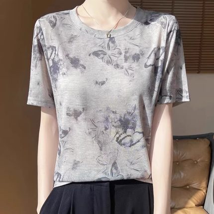 天丝短袖t恤女宽松印花薄款秋季圆领打底衫水墨正肩冰丝针织上衣