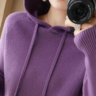 冬季新款连帽加厚毛衣女短款宽松纯色打底针织衫休闲保暖帽衫卫衣