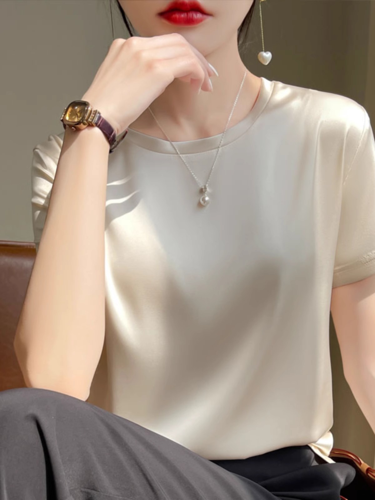 短袖韩版常规螺纹缎面女