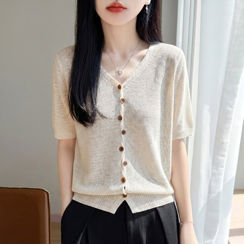 冰丝亚麻V领短袖针织开衫女图片