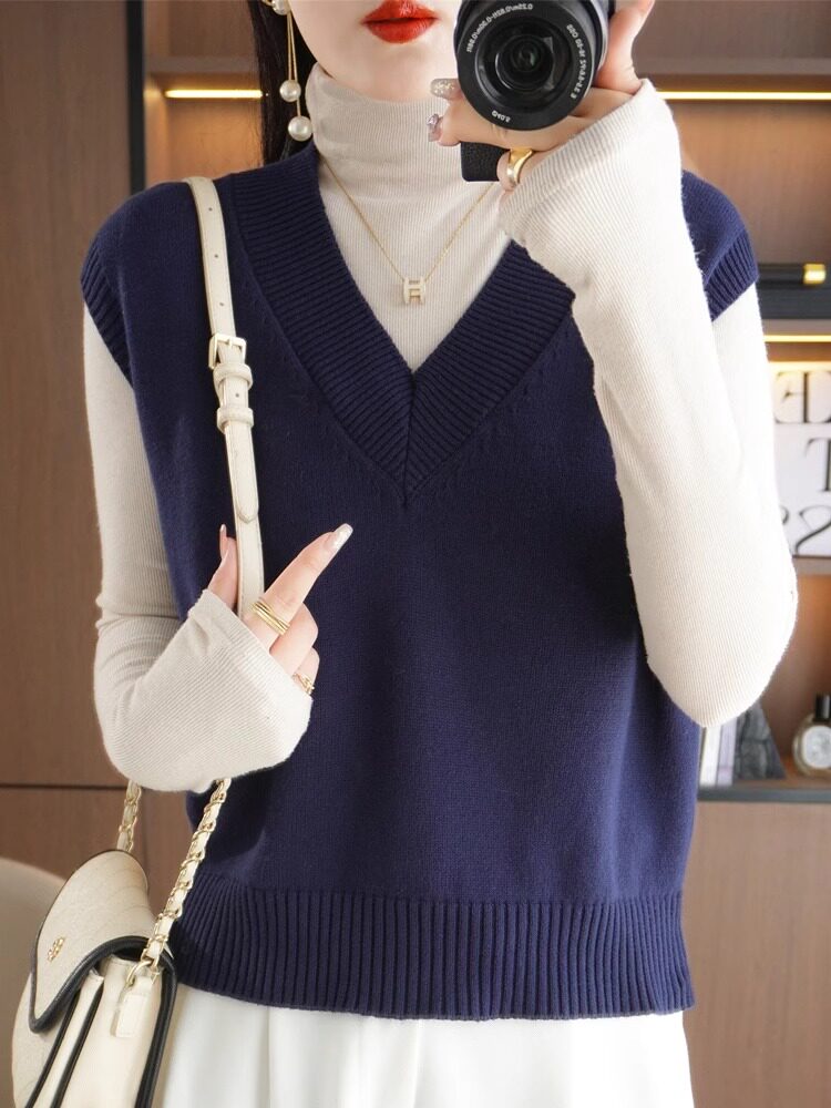 100%纯棉七针V领套头针织马夹女秋季无袖全棉线坎肩外穿内搭马甲