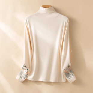 2025秋冬新款半高领双面德绒打底衫女长袖T恤国风刺绣超软糯上衣