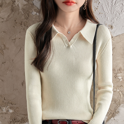 极简风POLO领100%纯棉针织衫女
