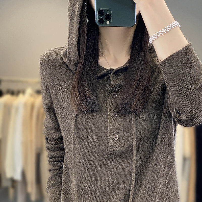 时髦减龄宽松薄款羊绒连帽针织衫女春季韩版休闲打底羊毛帽衫卫衣图片
