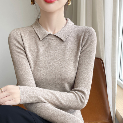 羊毛套头POLO领纯色针织衫