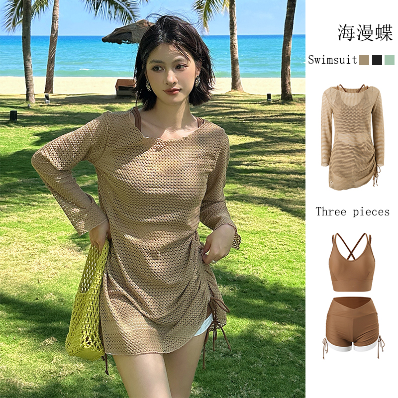 大码泳衣女分体胖mm显瘦遮肚微胖女孩遮肉绝美长袖罩衫度假三件套