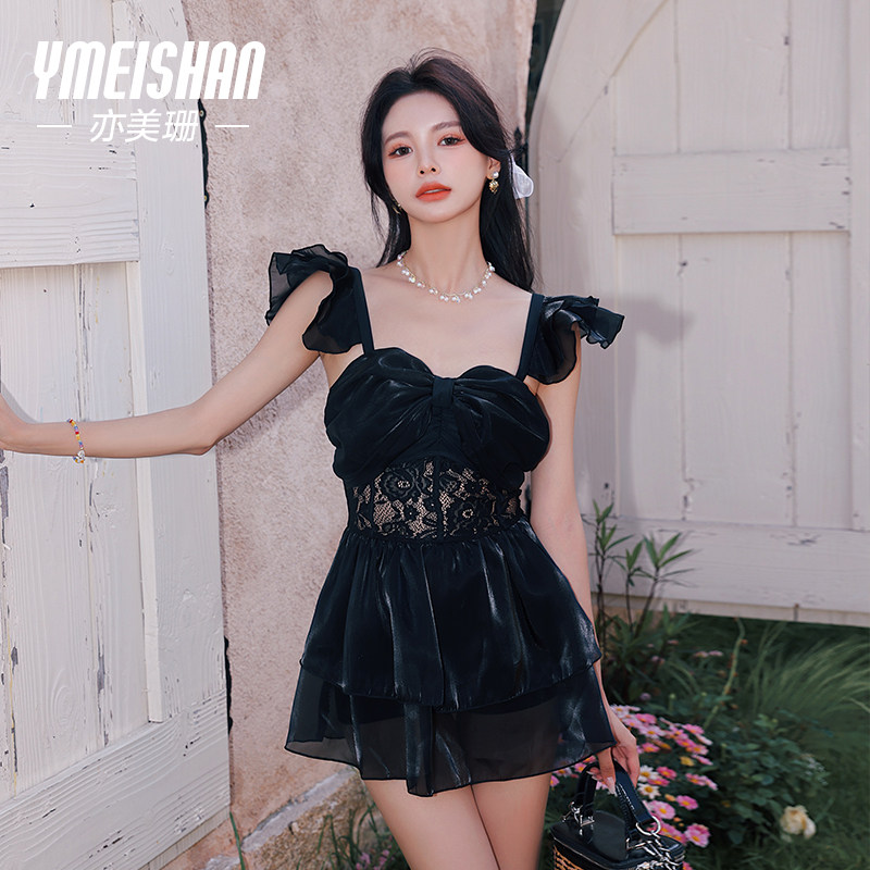 亦美珊连体泳衣女泡温泉专用显瘦黑色蕾丝高级感保守2025年新款