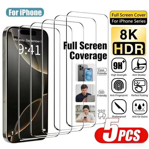 5Pcs Ultra Clear Tempered Glass for iPhone 17 16 15 14 13 12