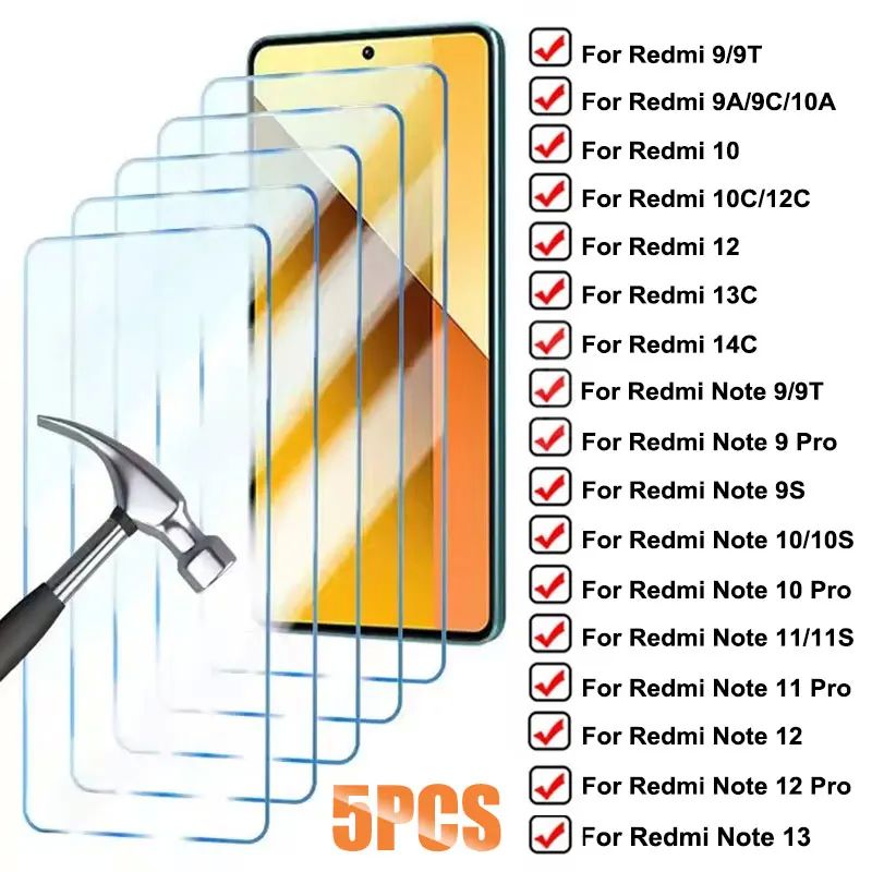 5Pcs HD Tempered Glass For Xiaomi Redmi 13C 12C 10C 10A 9A 9