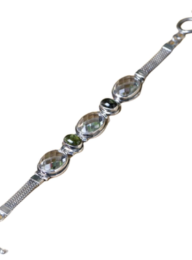 925银复古时尚绿色碧玺白水晶银饰品百搭款手环女款手饰手链礼物