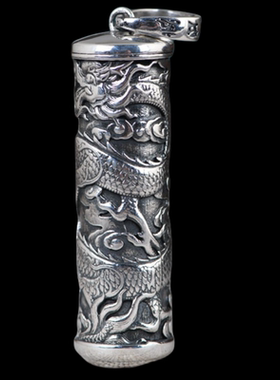 925银复古六字真言圆柱吊坠威武文艺范男款祥云龙纹可打开嘎乌盒