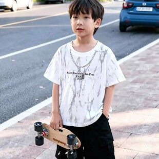 男中大童夏季冰爽纯棉短袖T恤2026新款儿童男孩初中生夏装痞帅潮
