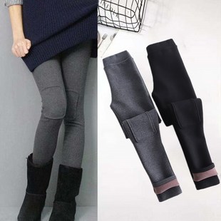 女 保暖外穿高腰小脚裤 秋冬加绒补丁打底裤 女膝盖加厚贴布弹力修身