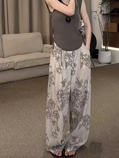 双侧带口袋棉绸人造棉高腰显瘦直筒裤女宽松休闲百搭阔腿长家居裤