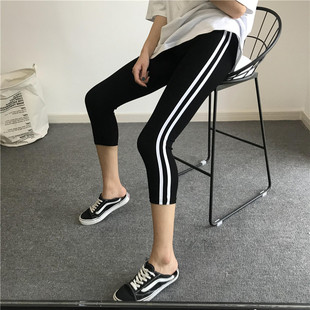 夏上新棉质白条两条杠运动紧身打底裤外穿女小个子弹力八分打底裤