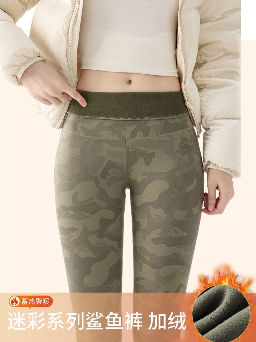 2025秋冬迷彩鲨鱼裤磨毛收腹高腰韩版印花打底裤时尚加绒紧身裤