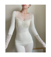 Winter women's thermal underwear set, tight lace sexy thin cotton sweater, long Johns and long pants, low neck thumbnail 2