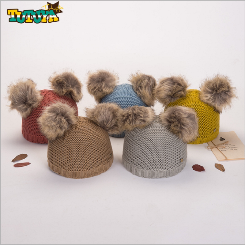 秋冬季宝宝毛线帽针织双毛球帽简约1-3岁男女透气帽圆顶