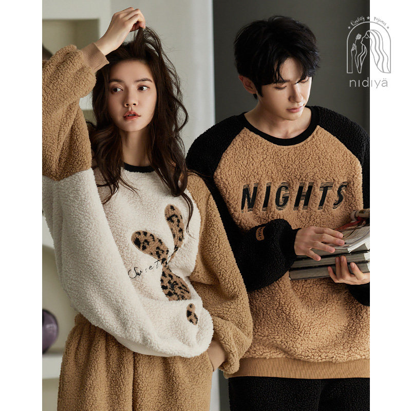 妮狄娅冬季情侣羊羔绒睡衣女保暖套头卡通男休闲可外穿家居服套装