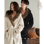 妮狄娅情侣珊瑚绒睡衣女冬季 连帽男豹纹简约休闲睡袍家居服 中长款