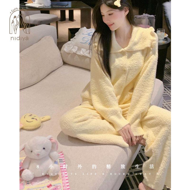 秋冬季软绵绵翻领开衫家居服套装