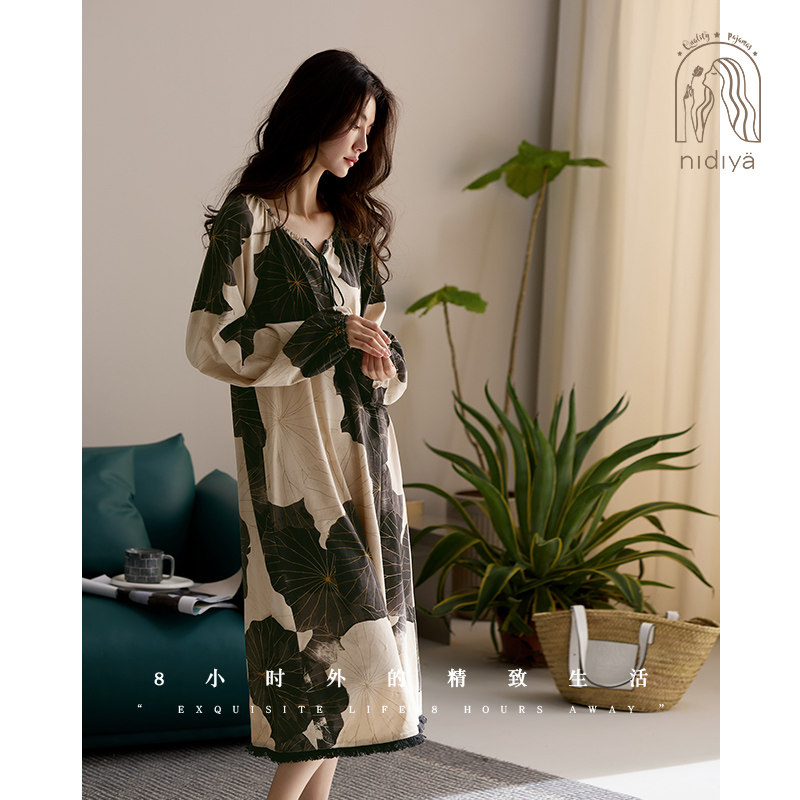 妮狄娅睡衣睡裙女春季长袖柔软棉复古国风长裙时尚外穿春秋家居服