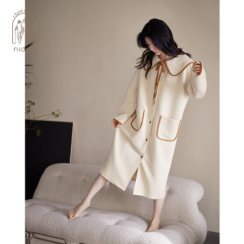妮狄娅简约纯棉夹层女家居服睡袍