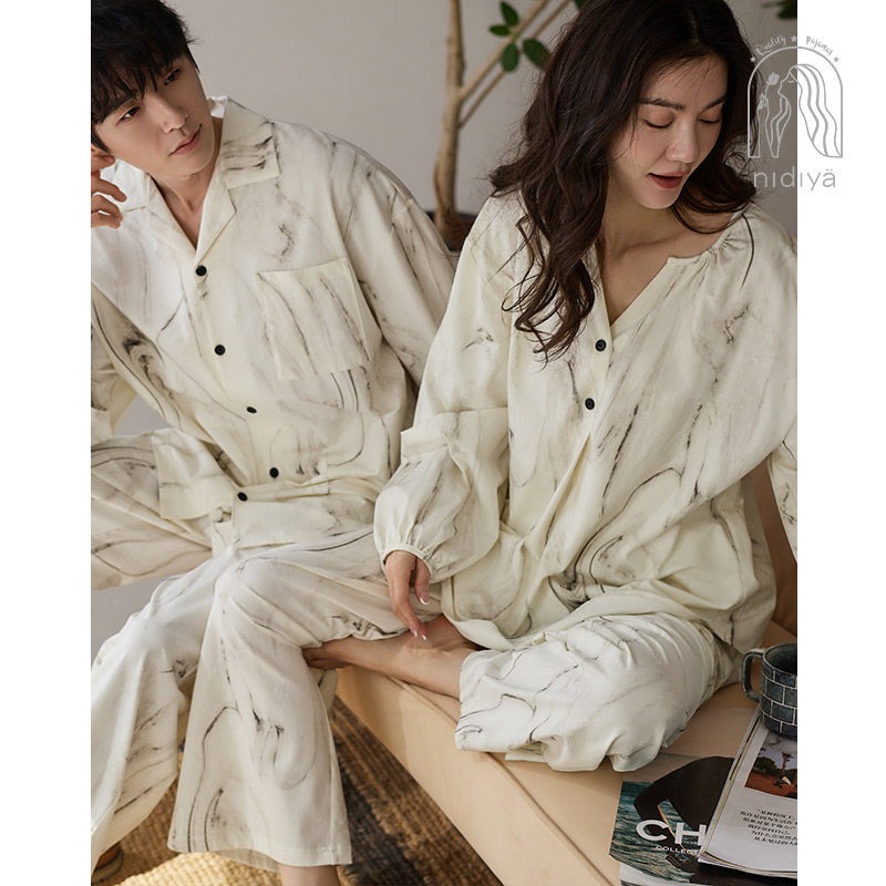 妮狄娅情侣秋季柔软棉睡衣女长袖男开衫长裤春秋季简约家居服套装