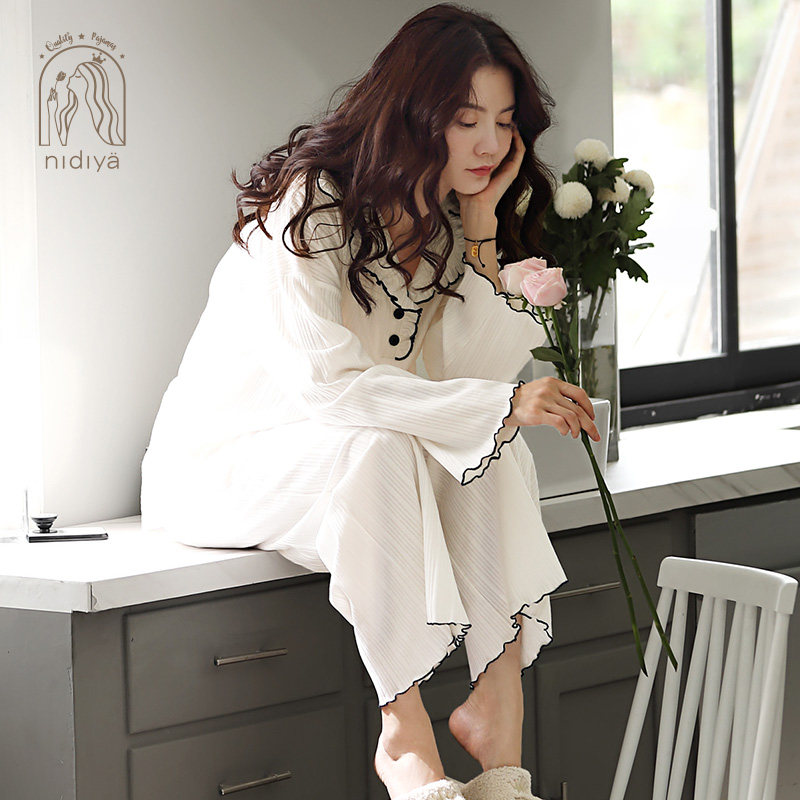 3睡衣女春秋纯棉长袖长裤简约休闲白色条纹宽松大码翻领秋季家居服