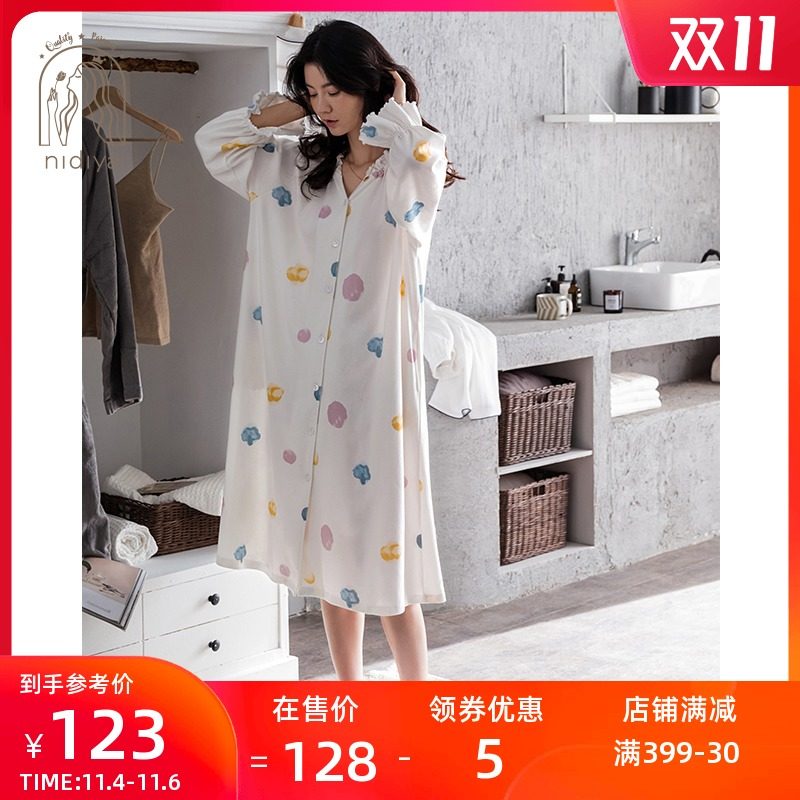 妮狄娅新款睡衣睡裙女秋季纯棉长袖甜美公主风宽松大码春秋家居服