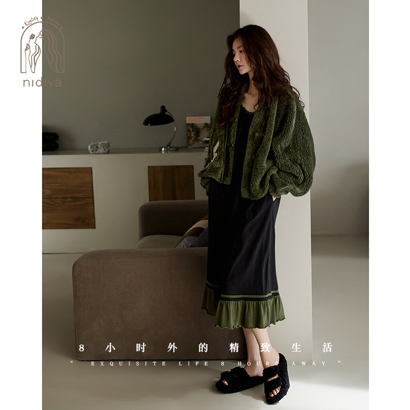 妮狄娅冬季珊瑚绒家居服睡裙套装
