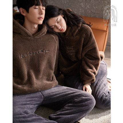 妮狄娅时尚情侣睡衣女冬季珊瑚绒连帽套头男保暖可外穿家居服套装
