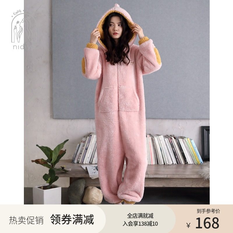 妮狄娅珊瑚绒睡衣女冬季加厚法兰绒保暖卡通可爱连体衣带帽家居服