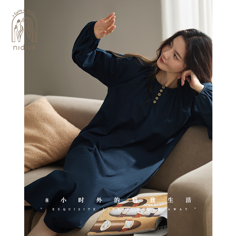 妮狄娅睡衣睡裙女秋长袖纯棉简约中长裙复古文艺春秋可外穿家居服