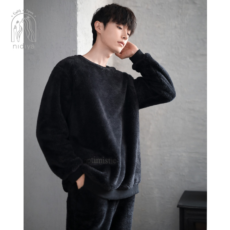 妮狄娅睡衣男士冬季珊瑚绒长袖男生黑色保暖秋冬款外穿家居服套装